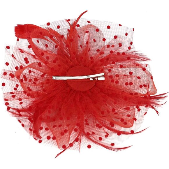 Elegant Red Flower Fascinator Hat – Feather Mesh Tea Party Headpiece for Women & - Picture 3 of 7
